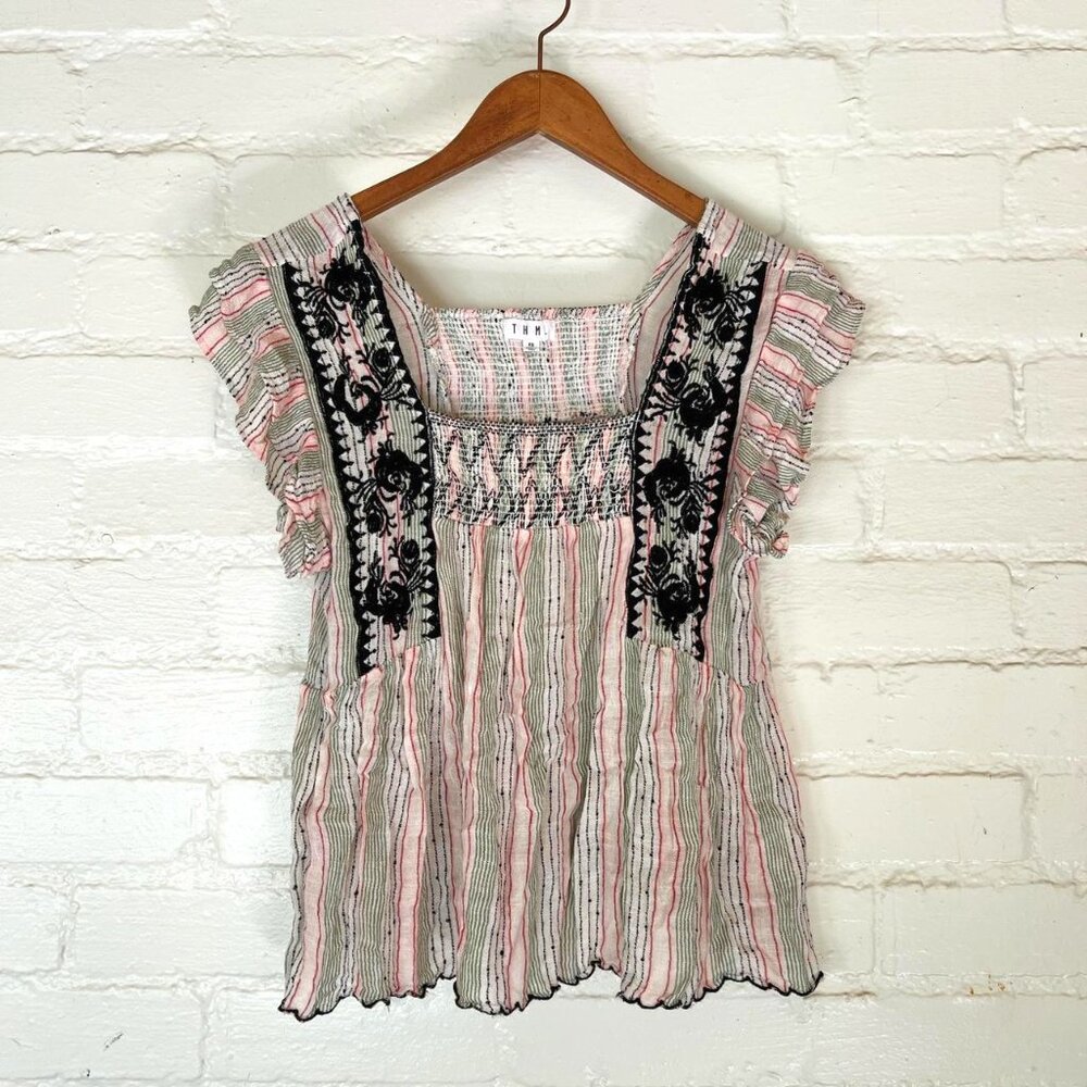 THML XS-Small Women's Top Blouse Black Embroidery Soft Flowing Material